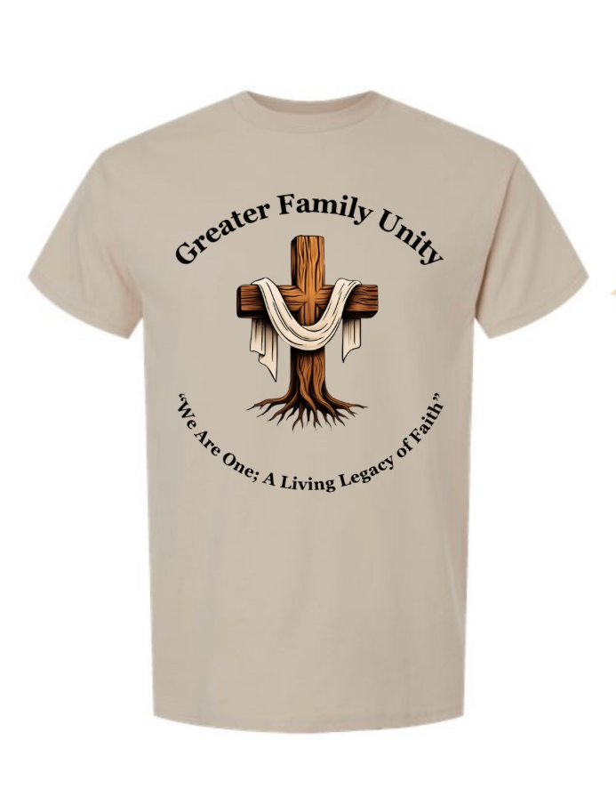 Greater Family Unity 2026 Reunion T-Shirt — Sandy cream tee with a wooden cross and tree roots graphic, white cloth draped over the cross, with the reunion name arced above and tagline below